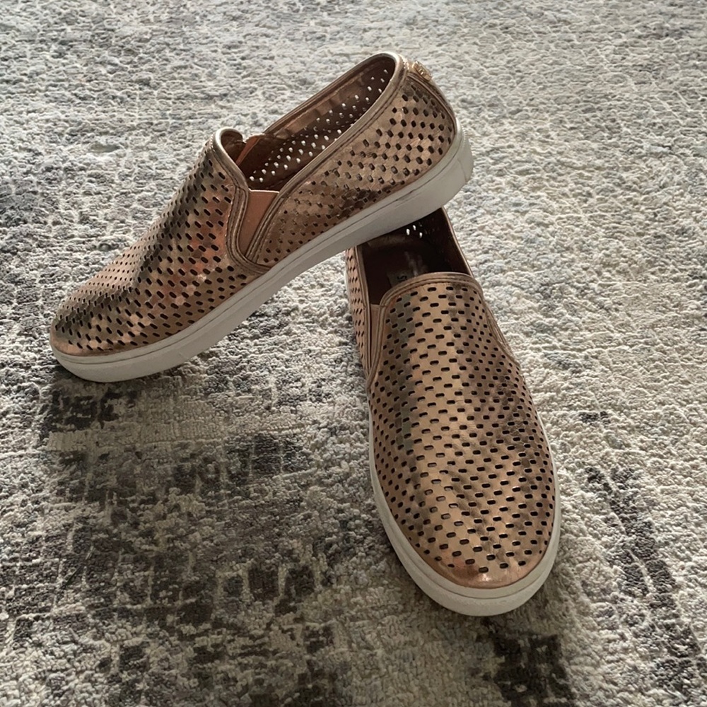 Rose metallic slip ons